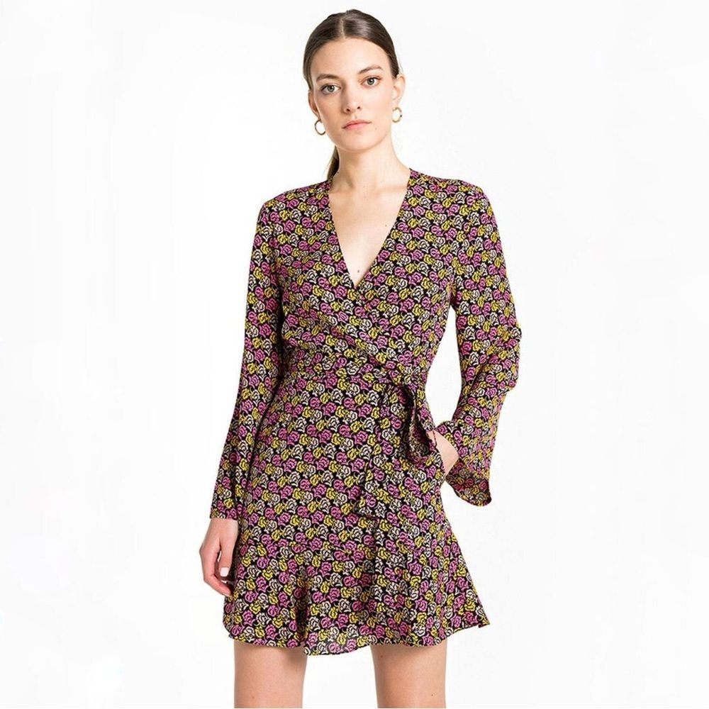 A.L.C. Whitney Bell Sleeve Floral Wrap Dress in Pink Yellow Size 2